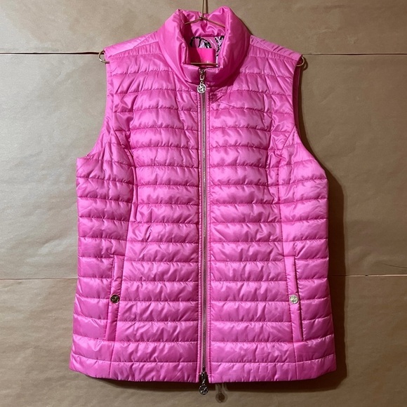 Lilly Pulitzer | Elyn Puffer Vest Zip Up Hibiscus Pink Hangin With My Boo Size L - Picture 1 of 10